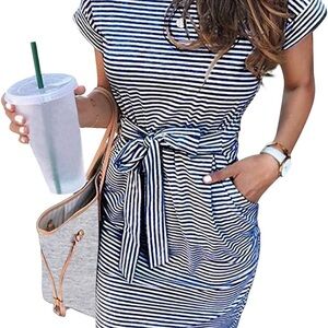 Striped Navy and White Tie-Waist Casual Dress